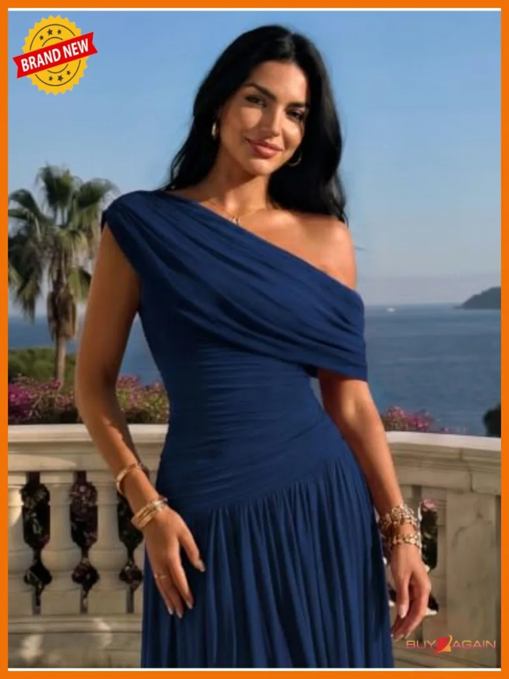 AISIZE One Shoulder Ruched Stretch Mesh Maxi Formal Dress
